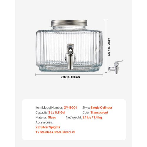 Beverage Dispenser 0.8 Gallon Drink Dispensers for Parties Glass Juice