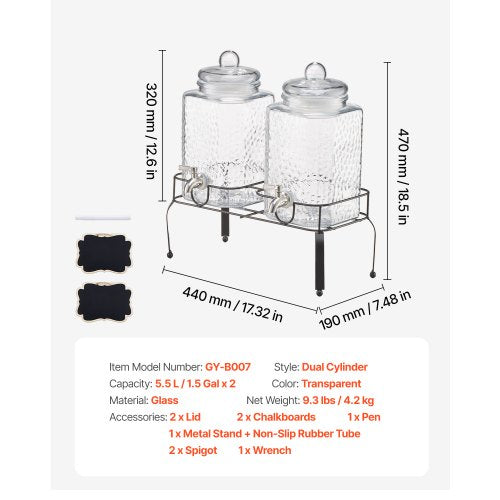 Beverage Dispenser 2 Pack 1.5 Gallon Drink Dispensers for Parties Glass