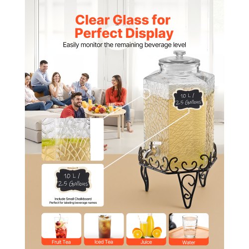 Beverage Dispenser 2.5 Gallon Drink Dispensers for Parties Glass Juice