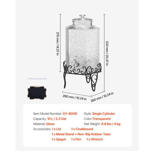 Beverage Dispenser 2.5 Gallon Drink Dispensers for Parties Glass Juice