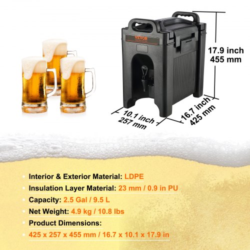 Insulated Beverage Dispenser 2.5 Gallon Foodgrade LDPE Hot and Cold