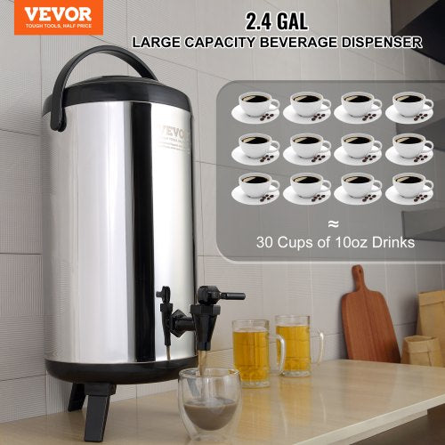 Stainless Steel Insulated Beverage Dispenser 2.4 Gallon 9.2 Liter Thermal