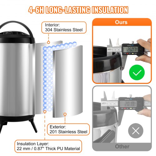 Stainless Steel Insulated Beverage Dispenser 2.4 Gallon 9.2 Liter Thermal