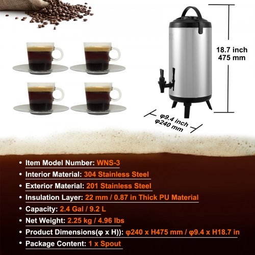 Stainless Steel Insulated Beverage Dispenser 2.4 Gallon 9.2 Liter Thermal