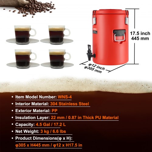Stainless Steel Insulated Beverage Dispenser 4.5 Gallon 17.2 Liter Thermal