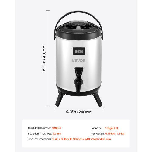 Insulated Beverage Dispenser 15 Gal6L Stainless Steel Thermal Drink