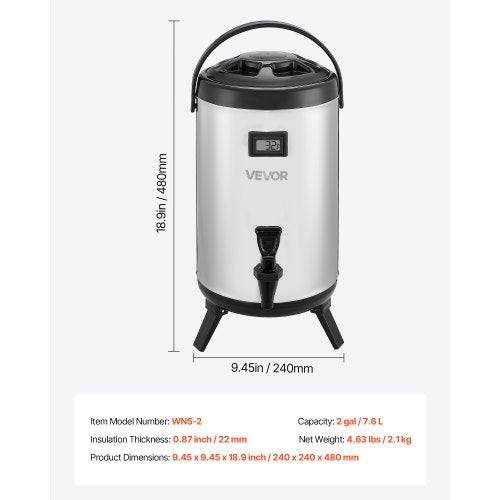 Insulated Beverage Dispenser 2 Gal76L Stainless Steel Thermal Drink