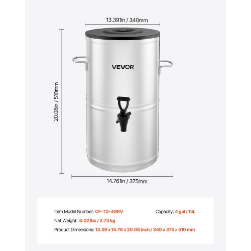 Ice Tea Dispenser 4 Gal15L 304 Stainless Steel Beverage Dispenser with Spigot