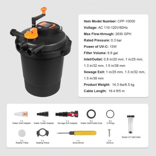 Bio Pressure Pond Filter Up to 3200 Gallons with 13W UVC Light 2630 GPH