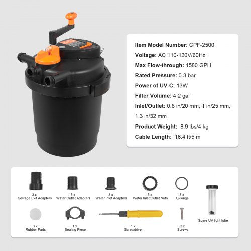 Bio Pressure Pond Filter Up to 1600 Gallons with 13W UVC Light 1580 GPH