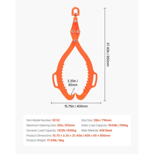 32in Log Lifting Tongs 2Claw Log Tongs Heavy Duty Steel Log Grapple
