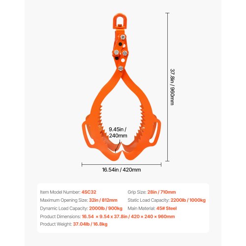32in Log Lifting Tongs 4Claw Log Tongs Heavy Duty Steel Log Grapple