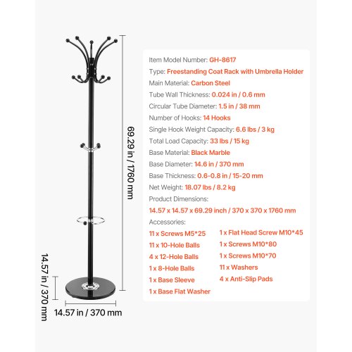 Freestanding Coat Rack Metal Coats Rack Stand with Umbrella Holder Stable