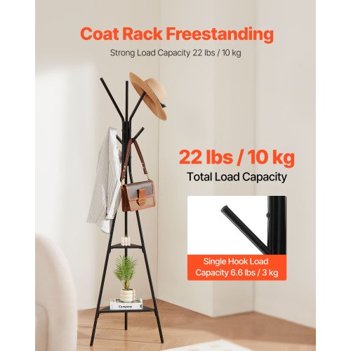 Coat Rack Freestanding Coats Rack Stand with 2 Shelves 6 Hooks Free