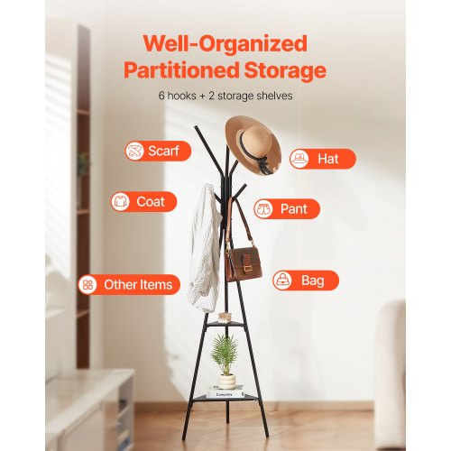 Coat Rack Freestanding Coats Rack Stand with 2 Shelves 6 Hooks Free