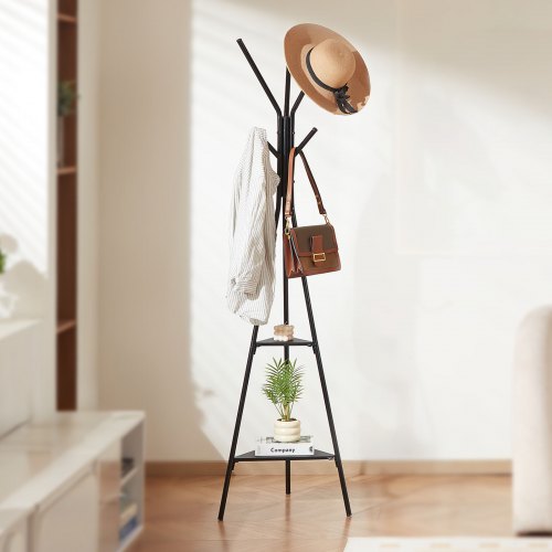 Coat Rack Freestanding Coats Rack Stand with 2 Shelves 6 Hooks Free
