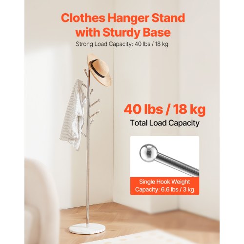 Coat Rack Freestanding Coats Rack Stand with Stable Marble Base 8 Hooks