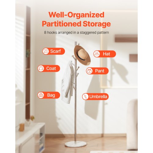 Coat Rack Freestanding Coats Rack Stand with Stable Marble Base 8 Hooks