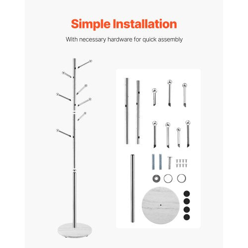 Coat Rack Freestanding Coats Rack Stand with Stable Marble Base 8 Hooks