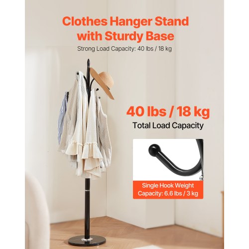 Coat Rack Freestanding Coats Tree Stand with Stable Marble Base 6 Hooks