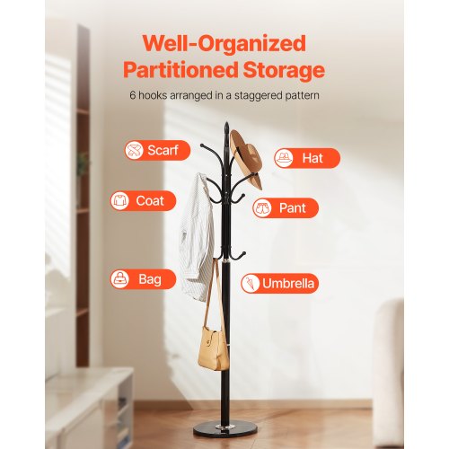 Coat Rack Freestanding Coats Tree Stand with Stable Marble Base 6 Hooks