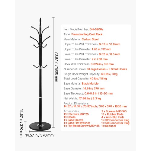 Coat Rack Freestanding Coats Tree Stand with Stable Marble Base 6 Hooks