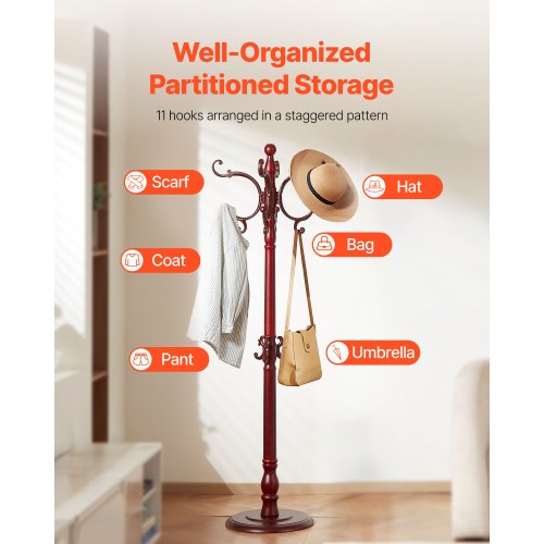 Coat Rack Freestanding Wooden Coats Rack Stand with Weighted Base 11