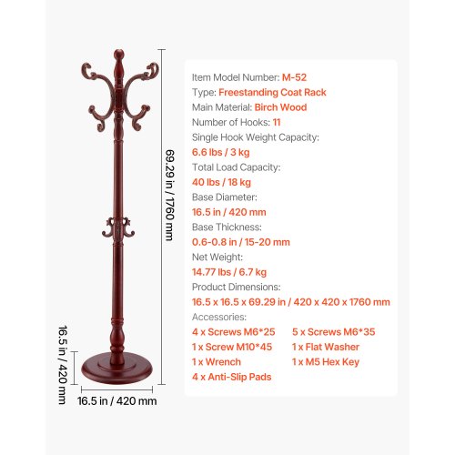 Coat Rack Freestanding Wooden Coats Rack Stand with Weighted Base 11