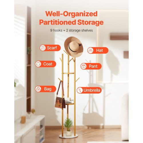 Coat Rack Freestanding Coat Rack Stand with Quartz Stone Base 9 Hooks