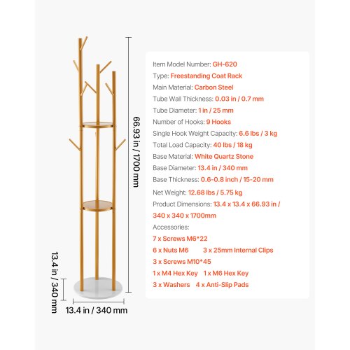 Coat Rack Freestanding Coat Rack Stand with Quartz Stone Base 9 Hooks