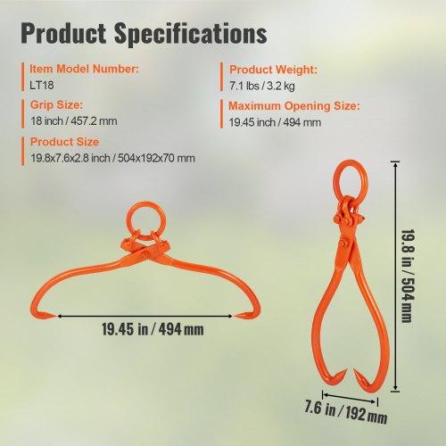 Log Skidding Tongs 18 inch 2 Claw Log Lifting Tongs Heavy Duty Steel