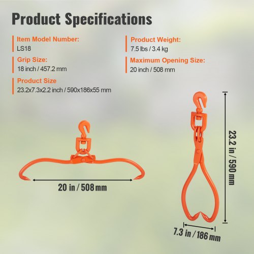 Log Skidding Tongs 18 inch 2 Claw Log Lifting Tongs Heavy Duty Rotating