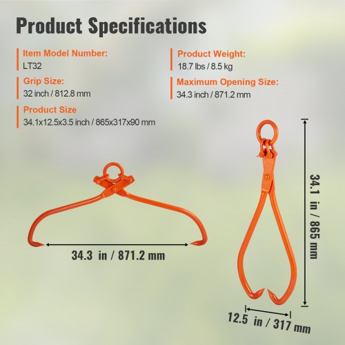 Log Skidding Tongs 32 inch 2 Claw Log Lifting Tongs Heavy Duty Steel
