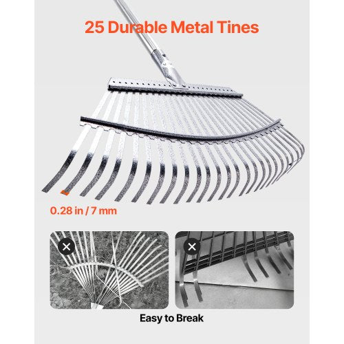 Leaf Rake 25 Metal Tines Adjustable Garden Rake for Lawns with 18.3 Inch