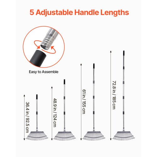 Leaf Rake 25 Metal Tines Adjustable Garden Rake for Lawns with 18.3 Inch