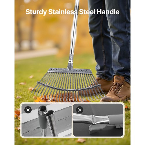 Leaf Rake 25 Metal Tines Adjustable Garden Rake for Lawns with 18.3 Inch
