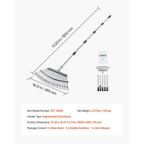 Leaf Rake 25 Metal Tines Adjustable Garden Rake for Lawns with 18.3 Inch