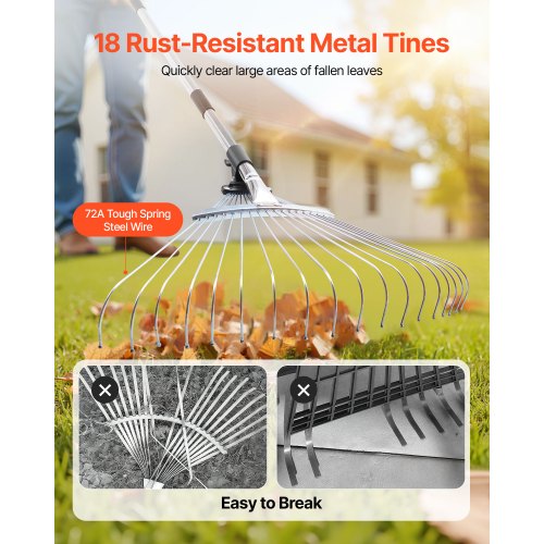 Leaf Rake 18 Metal Tines Adjustable Garden Rake for Lawns with 77171