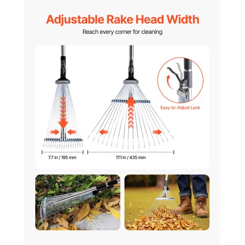 Leaf Rake 18 Metal Tines Adjustable Garden Rake for Lawns with 77171