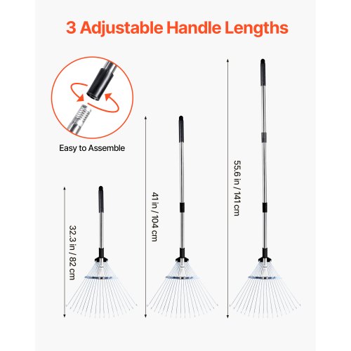Leaf Rake 18 Metal Tines Adjustable Garden Rake for Lawns with 77171