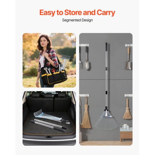 Leaf Rake 18 Metal Tines Adjustable Garden Rake for Lawns with 77171