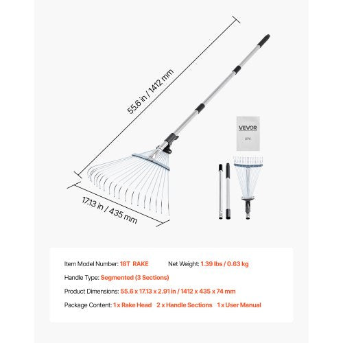 Leaf Rake 18 Metal Tines Adjustable Garden Rake for Lawns with 77171