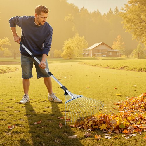 Leaf Rake 18 Metal Tines Adjustable Garden Rake for Lawns with 77171