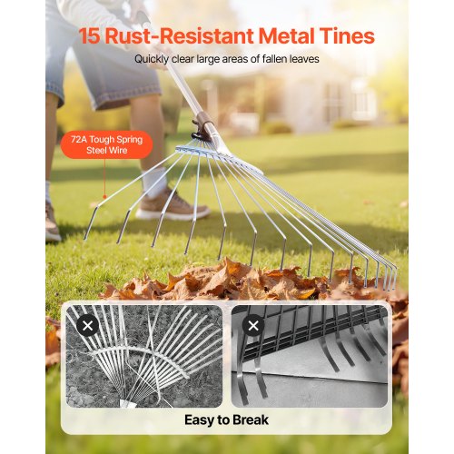 Leaf Rake 15 Metal Tines Adjustable Garden Rake for Lawns with 75224