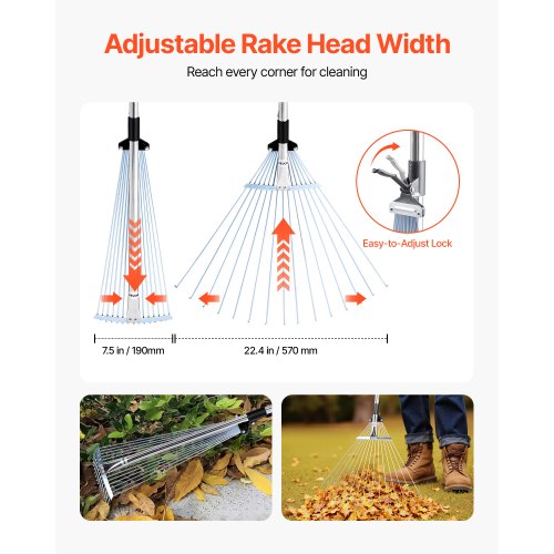 Leaf Rake 15 Metal Tines Adjustable Garden Rake for Lawns with 75224