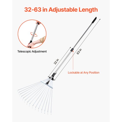 Leaf Rake 15 Metal Tines Adjustable Garden Rake for Lawns with 75224