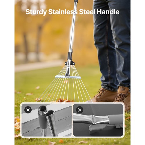Leaf Rake 15 Metal Tines Adjustable Garden Rake for Lawns with 75224