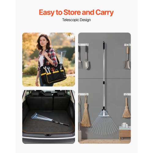Leaf Rake 15 Metal Tines Adjustable Garden Rake for Lawns with 75224