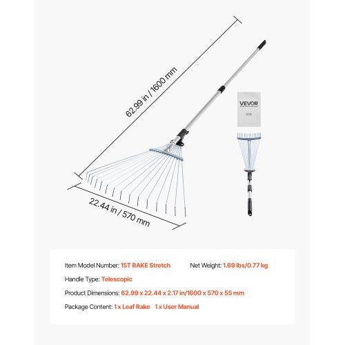 Leaf Rake 15 Metal Tines Adjustable Garden Rake for Lawns with 75224