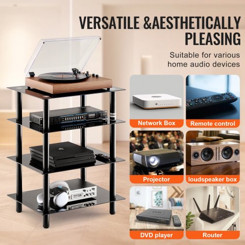 4Tier AV Media Stand AudioVideo Stand with Strengthened Tempered Glass